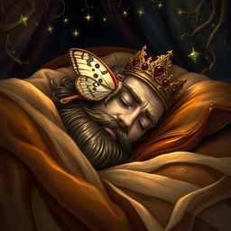 A fantasy book cover illustration depicting a regal king peacefully sleeping on a sumptuous bed draped in luxurious fabrics