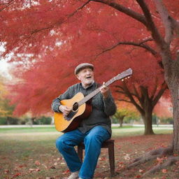 An elderly man with a guitar seated under a vibrant red tree, passionately singing to a cherished picture of his beloved.