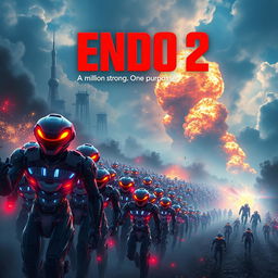 An epic movie poster for a fictional film titled 'Endo 2', featuring a massive army of one million futuristic robotic entities, known as 'Endos'