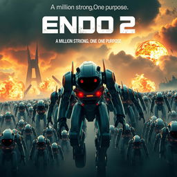 An epic movie poster for a fictional film titled 'Endo 2', featuring a massive army of one million futuristic robotic entities, known as 'Endos'