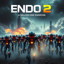 An epic movie poster for a fictional film titled 'Endo 2', featuring a massive army of one million futuristic robotic entities, known as 'Endos'