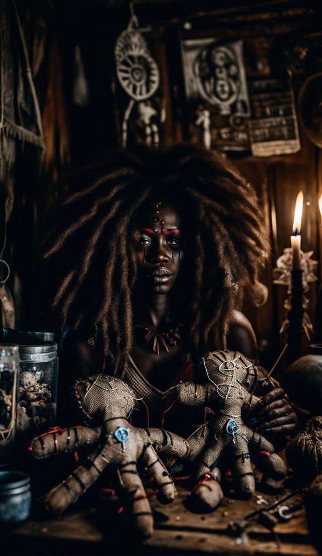 A raw, unedited photograph captures a beautiful Haitian woman with a large Afro in a dimly lit voodoo shack. She manipulates a voodoo doll amidst an array of frightening trinkets. The image is highly detailed and reminiscent of James Nachtwey's photography.