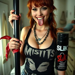 A close-up shot of a sexy female redhead in a 'Misfits' tank top, adorned with punk chains, showcasing her large chest and cleavages