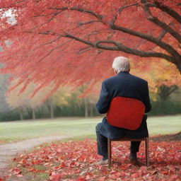 An elderly man seen from behind, sitting on a chair under a vibrant red tree, strumming a guitar and singing to a cherished image of his love.