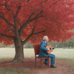 An elderly man seen from behind, sitting on a chair under a vibrant red tree, strumming a guitar and singing to a cherished image of his love.