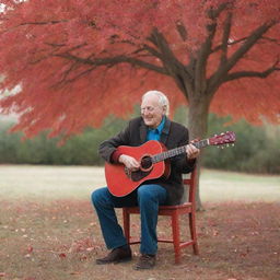 An elderly man seen from behind, sitting on a chair under a vibrant red tree, strumming a guitar and singing to a cherished image of his love.