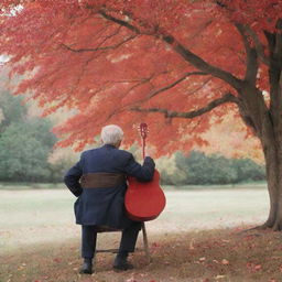 An elderly man seen from behind, sitting on a chair under a vibrant red tree, strumming a guitar and singing to a cherished image of his love.