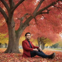 Create a detailed and vibrant image of the Iranian singer, Faramarz Aslani, sitting under a large red autumn tree with its leaves gently falling.