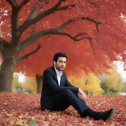 Create a detailed and vibrant image of the Iranian singer, Faramarz Aslani, sitting under a large red autumn tree with its leaves gently falling.