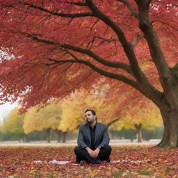 Create a detailed and vibrant image of the Iranian singer, Faramarz Aslani, sitting under a large red autumn tree with its leaves gently falling.