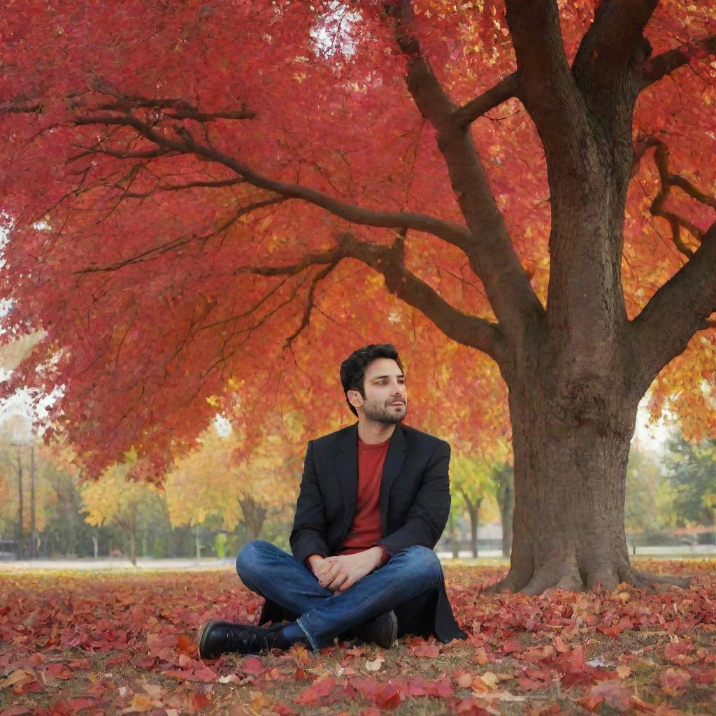 Create a detailed and vibrant image of the Iranian singer, Faramarz Aslani, sitting under a large red autumn tree with its leaves gently falling.