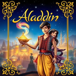 A vibrant and enchanting ebook cover for 'Aladdin', featuring a magical scene inspired by Arabian nights