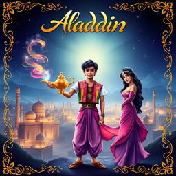 A vibrant and enchanting ebook cover for 'Aladdin', featuring a magical scene inspired by Arabian nights