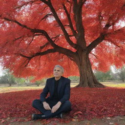 Faramarz Aslani, a celebrated Iranian singer-songwriter, peacefully sitting under a massive, majestic red tree.