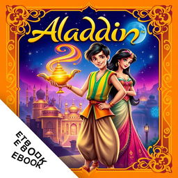 A vibrant and enchanting ebook cover for 'Aladdin', featuring a magical scene inspired by Arabian nights