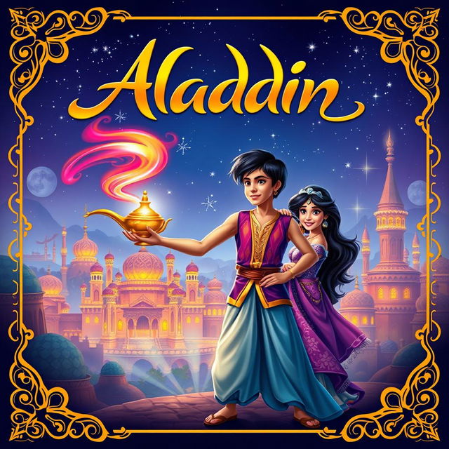 A vibrant and enchanting ebook cover for 'Aladdin', featuring a magical scene inspired by Arabian nights