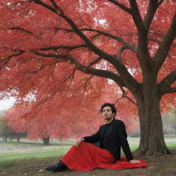 Faramarz Aslani, a celebrated Iranian singer-songwriter, peacefully sitting under a massive, majestic red tree.