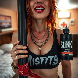 A close-up shot focused on the chest and torso of a sexy redhead woman wearing a 'Misfits' tank top