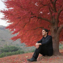 Faramarz Aslani, a celebrated Iranian singer-songwriter, peacefully sitting under a massive, majestic red tree.