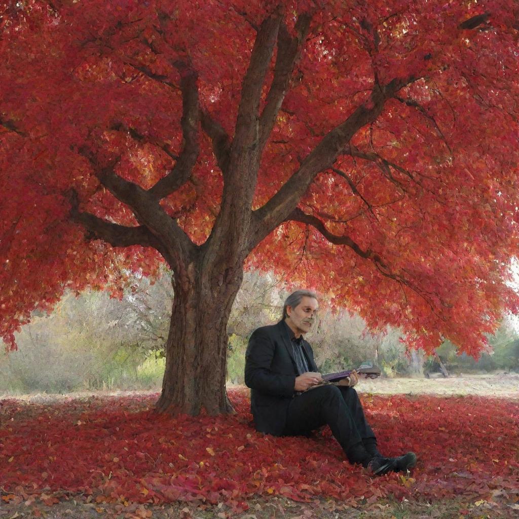 Faramarz Aslani, a celebrated Iranian singer-songwriter, peacefully sitting under a massive, majestic red tree.