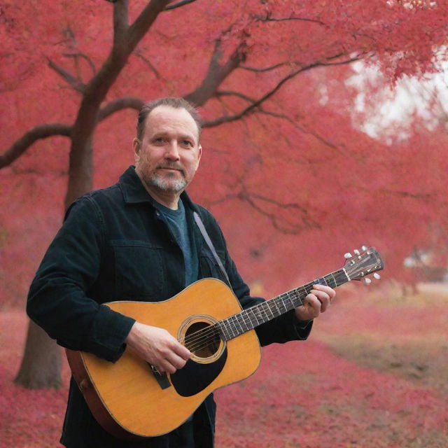 A man holding a guitar and a photo, standing under a vibrant red tree.