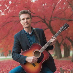 A man holding a guitar and a photo, standing under a vibrant red tree.