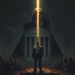 An emotionally poignant scene featuring a triangular composition that includes a stately courthouse, symbolizing authority, alongside the imposing presence of a father's demands, creating an atmosphere steeped in dilemma and heartbreak
