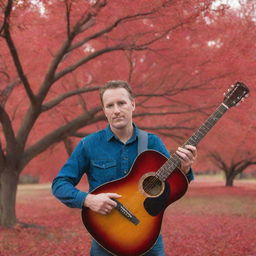 A man holding a guitar and a photo, standing under a vibrant red tree.