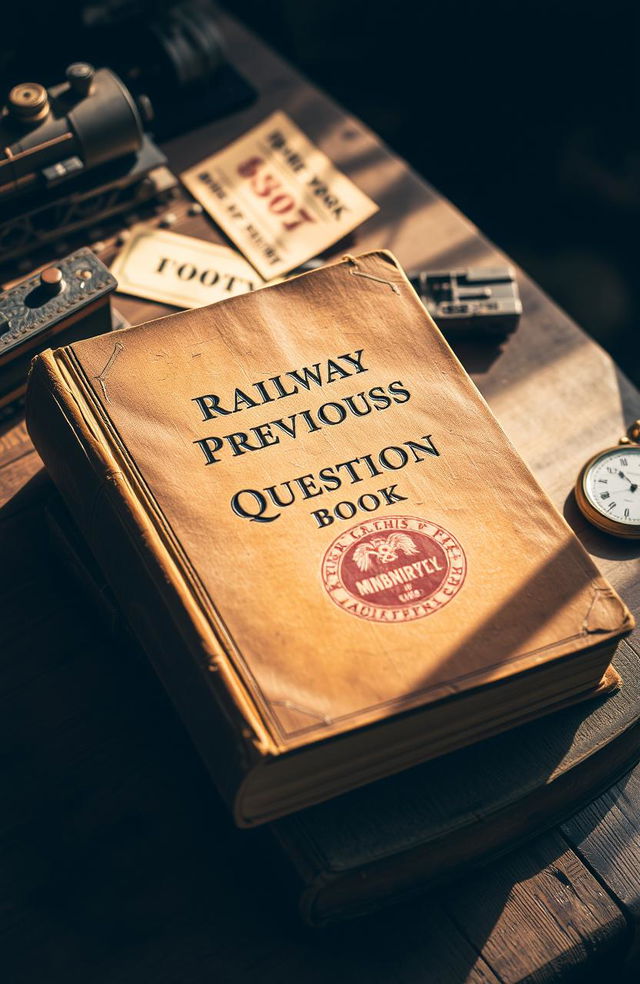 An old, weathered hardcover book on the topic of railway engineering with dusty pages, featuring the title 'Railway Previous Year Question Book' embossed in gold on the cover