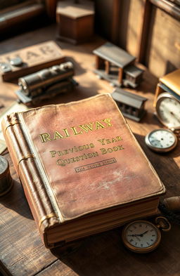 An old, weathered hardcover book on the topic of railway engineering with dusty pages, featuring the title 'Railway Previous Year Question Book' embossed in gold on the cover
