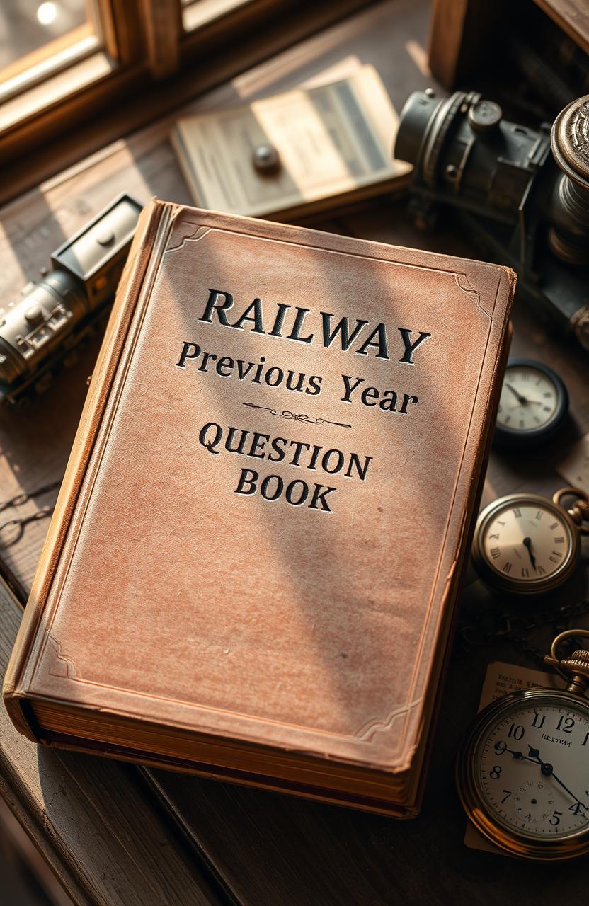 An old, weathered hardcover book on the topic of railway engineering with dusty pages, featuring the title 'Railway Previous Year Question Book' embossed in gold on the cover