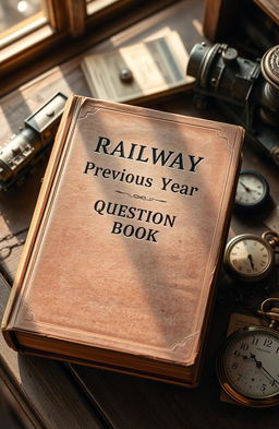 An old, weathered hardcover book on the topic of railway engineering with dusty pages, featuring the title 'Railway Previous Year Question Book' embossed in gold on the cover