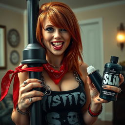 A close-up shot focusing on a sexy female redhead with a large chest and prominent cleavage, wearing a 'Misfits' tank top adorned with punk chains