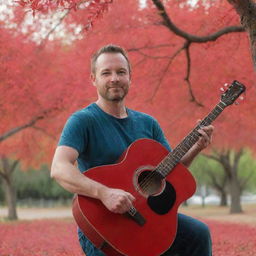 A man holding a guitar and a photo, standing under a vibrant red tree.