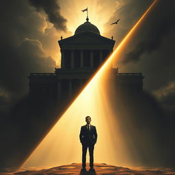 A striking scene characterized by a triangular composition featuring a grand courthouse, symbolizing authority, alongside the weight of a father's demands, which creates an atmosphere thick with dilemma and heartbreak