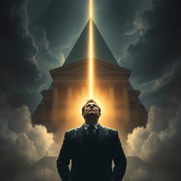 A striking scene characterized by a triangular composition featuring a grand courthouse, symbolizing authority, alongside the weight of a father's demands, which creates an atmosphere thick with dilemma and heartbreak