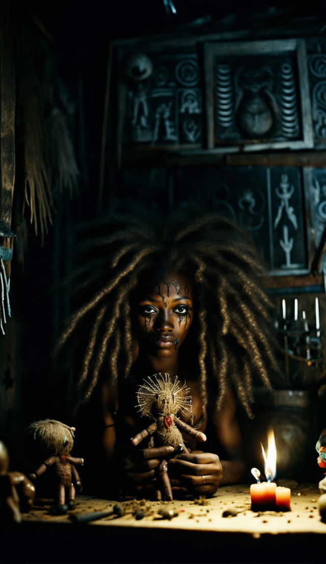 A raw, unedited photograph captures a beautiful Haitian woman with a large Afro in a dimly lit voodoo shack. She manipulates a voodoo doll amidst an array of frightening trinkets. Her irises are a detailed green. The image is highly detailed and reminiscent of James Nachtwey's photography.