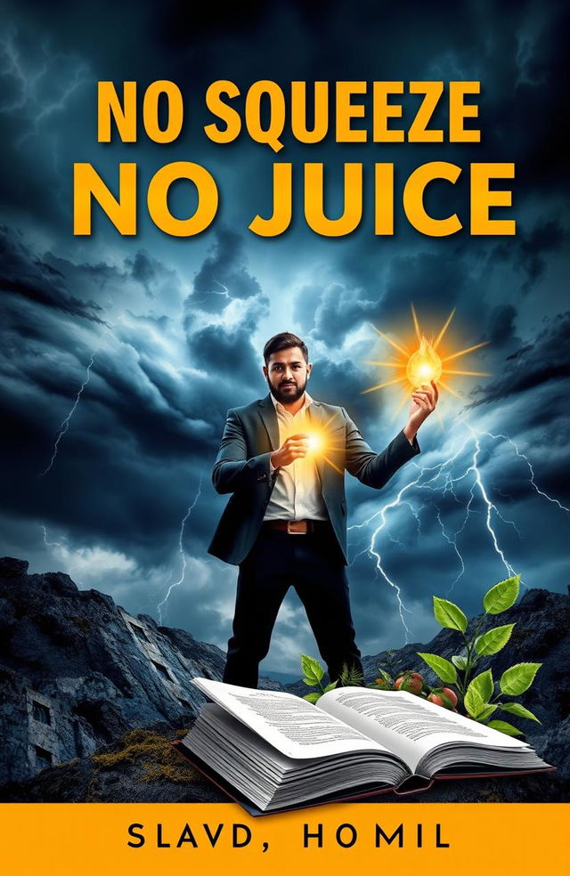 A dramatic book cover for 'No Squeeze No Juice', depicting themes of resilience and empowerment during turbulent times