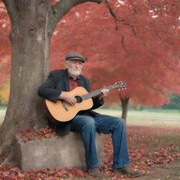 A weathered old man, holding a rustic guitar in one hand, a faded photograph in his other, sitting under a majestic red tree, with leaves expressing echoes of autumn