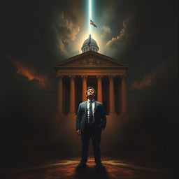 A compelling scene defined by a triangular composition that features an imposing courthouse representing authority, accompanied by the burdensome expectations of a father, creating an atmosphere filled with dilemma and heartbreak