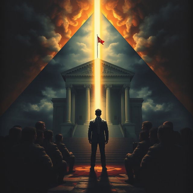 A compelling scene defined by a triangular composition that features an imposing courthouse representing authority, accompanied by the burdensome expectations of a father, creating an atmosphere filled with dilemma and heartbreak