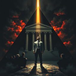 A compelling scene defined by a triangular composition that features an imposing courthouse representing authority, accompanied by the burdensome expectations of a father, creating an atmosphere filled with dilemma and heartbreak