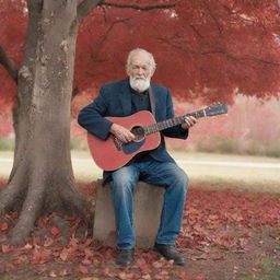 A weathered old man, holding a rustic guitar in one hand, a faded photograph in his other, sitting under a majestic red tree, with leaves expressing echoes of autumn