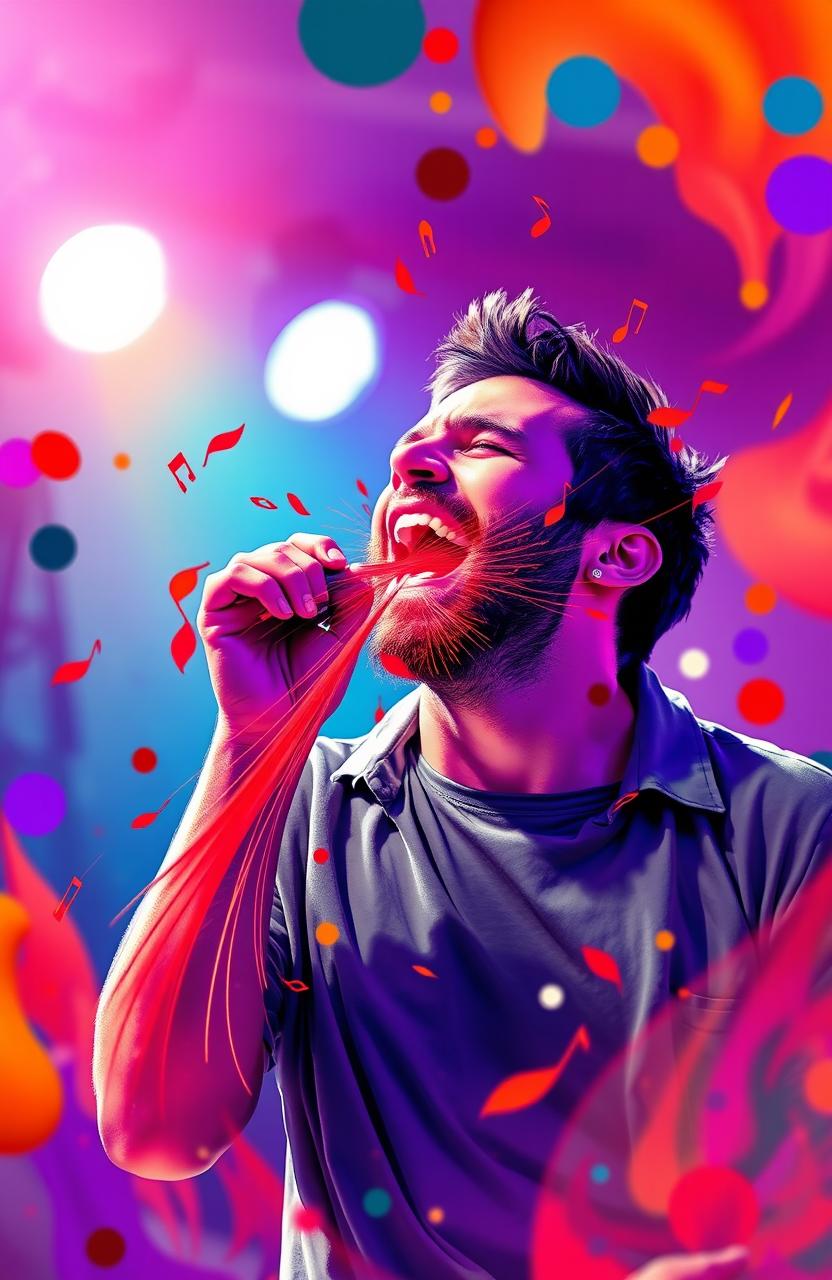 A man passionately singing, with bright red musical notes exploding from his mouth, creating a dynamic and vibrant music scene