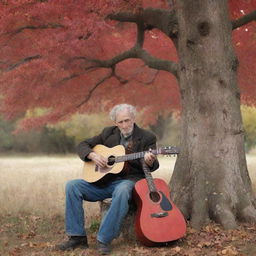 A weathered old man, holding a rustic guitar in one hand, a faded photograph in his other, sitting under a majestic red tree, with leaves expressing echoes of autumn