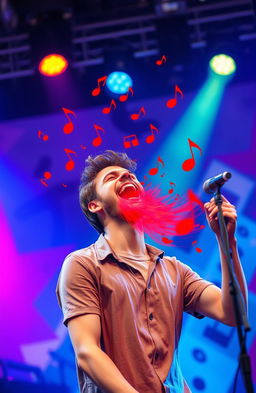 A man passionately singing, with bright red musical notes exploding from his mouth, creating a dynamic and vibrant music scene