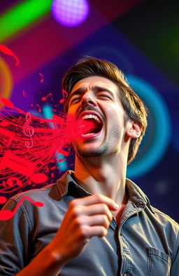 A man passionately singing, with bright red musical notes exploding from his mouth, creating a dynamic and vibrant music scene