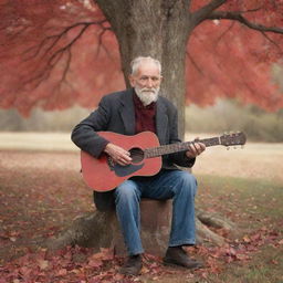 A weathered old man, holding a rustic guitar in one hand, a faded photograph in his other, sitting under a majestic red tree, with leaves expressing echoes of autumn