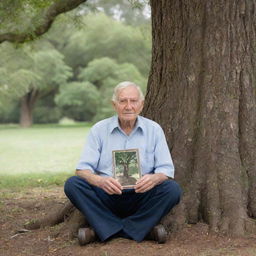 An elderly man, holding a cherished photograph, sitting under an expansive, ancient tree.