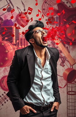A man with a dynamic and expressive demeanor, explosively emitting red musical notes from his mouth